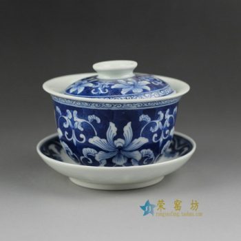 14BS53 3185手绘青花缠枝花卉图盖碗 三才碗 泡茶杯