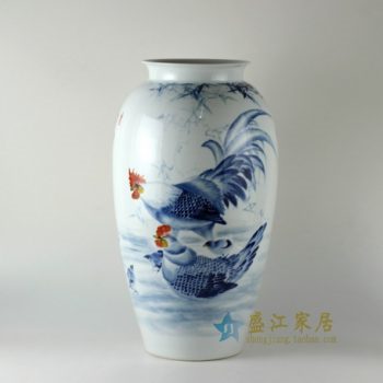 RZDN01 0手绘青花斗彩鸡趣图冬瓜瓶 花瓶