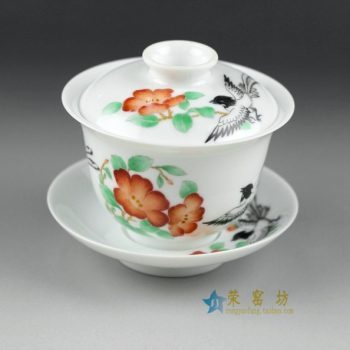 14OK63手绘粉彩花鸟图盖碗 三才碗 泡茶杯