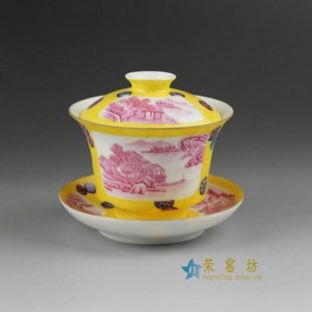 14TN22手绘扒花开光山水风景屏画盖碗 三才碗 泡茶杯