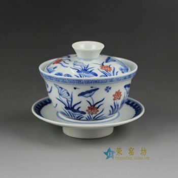 14Z119手绘青花斗彩荷莲图盖碗 三才碗