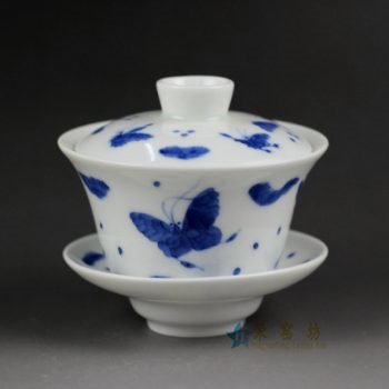 14ZDW01手绘青花蝴蝶纷飞图盖碗 三才碗 泡茶杯