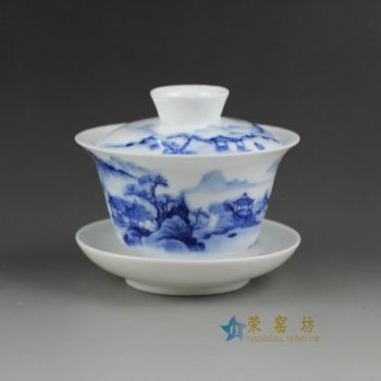 14H304手绘青花山水风景图盖碗 三才碗 泡茶杯