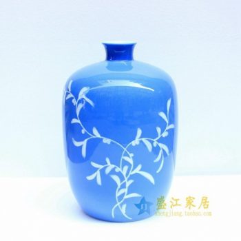2u01手绘釉下彩花草图花瓶 冬瓜瓶