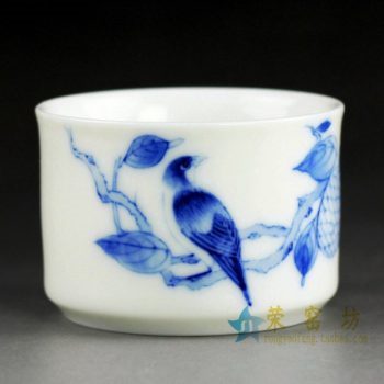 14DR87 手绘青花翠鸟站枝头图茶杯 品茗杯 功夫茶具