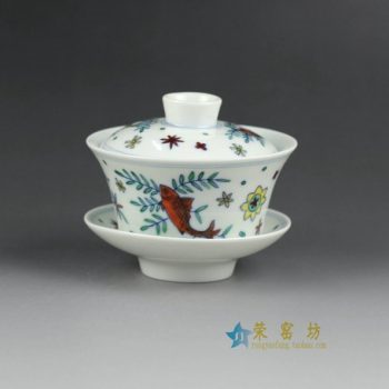 14YM06手绘青花斗彩鱼跃图盖碗 三才碗 泡茶杯