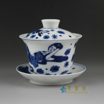 14H303手绘青花美女图盖碗 三才碗 泡茶杯