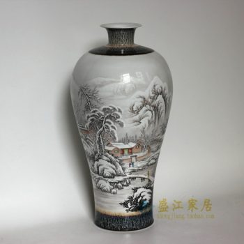 RZDJ01手绘粉彩山村雪景图梅瓶 花瓶 花插