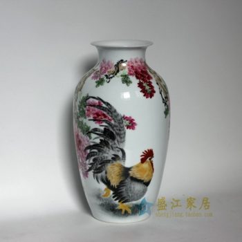 RZDK01 手绘粉彩雄鸡欢叫图冬瓜瓶 花瓶