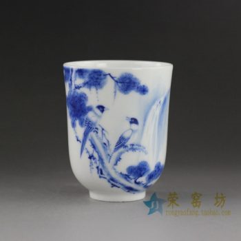 14DR111手绘青花鸟鸣瀑布图茶杯 品茗杯 功夫茶具