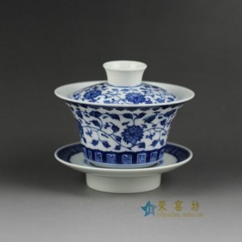 14Z129手绘青花缠枝花卉盖碗 三才碗 泡茶杯