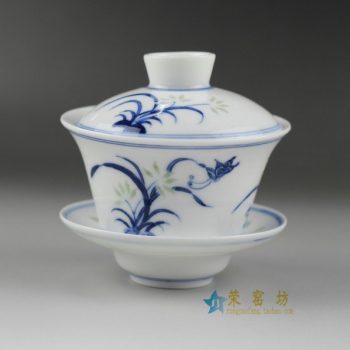 14R4手绘青花玲珑水仙花画盖碗 三才碗 泡茶杯