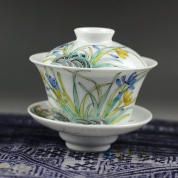 14NY12 手绘粉彩水仙花图盖碗 三才碗 泡茶杯