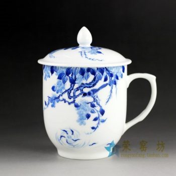 14DR147 手绘青花花鸟游鱼图茶杯 带盖品茗杯 泡茶杯