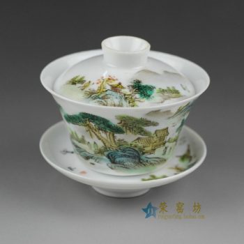 14NY17手绘粉彩山村风光图盖碗 三才碗 泡茶杯