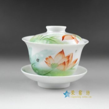 14OK59手绘粉彩荷莲图盖碗 三才碗 泡茶杯
