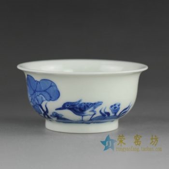 14BS46 4003手绘青花荷莲翠鸟图茶杯 茶碗 汤碗