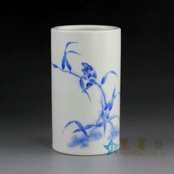 14DR73 手绘青花鸟鸣芦苇枝头笔筒 文房用具