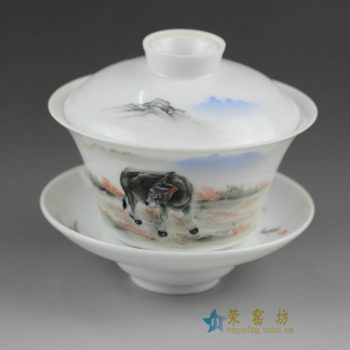 14NY18手绘牛憩图盖碗 三才碗 泡茶杯