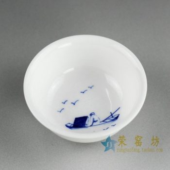 14DR80 4024手绘青花小船荡悠悠图茶碗 汤碗