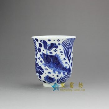 14DR149-03手绘青花连年有余图茶杯 品茗杯 咖啡杯