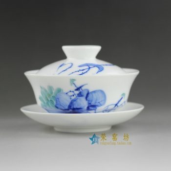 14H305 手绘青花斗彩荷莲图盖碗 泡茶碗
