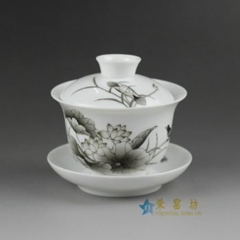 14TN23手绘粉彩荷莲图盖碗 三才碗 泡茶杯