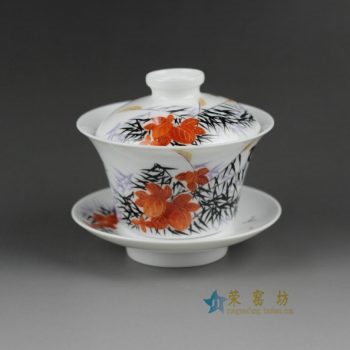 14OK65手绘粉彩芦苇花丛图盖碗 三才碗 泡茶杯