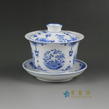 14DR11手绘青花团花屏画盖碗 三才碗 泡茶杯