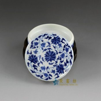 14AS140手绘青花缠枝莲印泥盒 文房用具