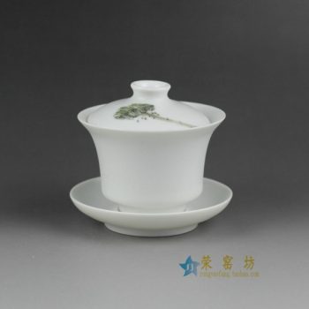 14HM65手绘粉彩荷莲图盖碗 三才碗 泡茶杯
