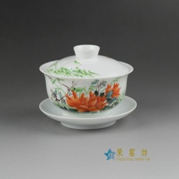 14OK62手绘粉彩花卉图盖碗 三才碗 泡茶杯
