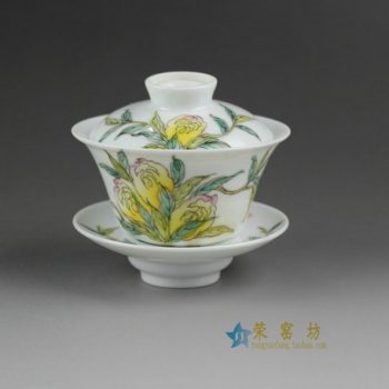 14NY19手绘粉彩花卉图盖碗 三才碗 泡茶杯