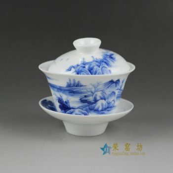14LO05手绘青花山水风光图盖碗 三才碗 泡茶杯