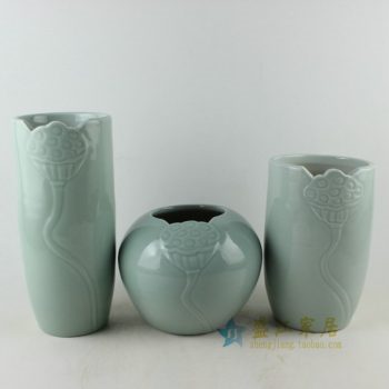 RYIE12 手工颜色釉刻纹莲蓬图花瓶摆件三件套
