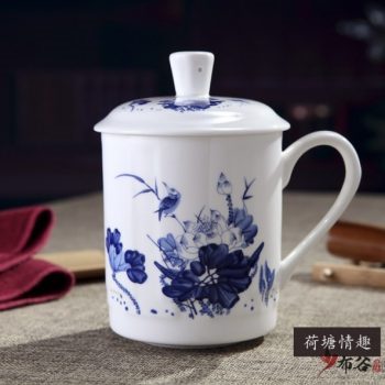 CBDI43-I-36手工高档骨瓷青花荷莲翠鸟图茶杯 品茗杯 老板杯尺寸 高15cm口径9cm容量550ml
