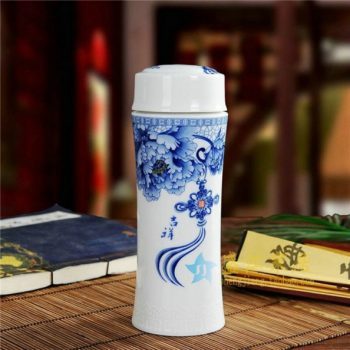CBAJ02-F手工全瓷青花吉祥如意图文茶杯 养生保温杯 旅行杯 尺寸：高 19.8cm 口径 5.6cm 容量 300ml