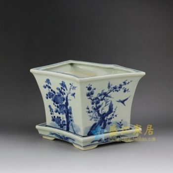 RZEX01-A 8716手绘青花花鸟扇形花盆 带托花盆 尺寸：长 28.5厘米 宽 20.5厘米 高 18.3厘米