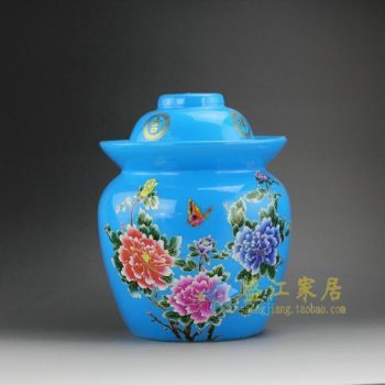 DL98-E 8247粉彩蓝地蝶恋花储物罐 盖罐 泡菜罐