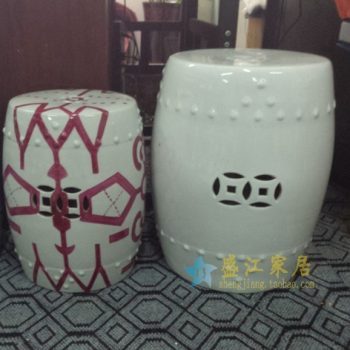 RYIR108-A-h51w42k34j3200颜色釉 白色镂空双钱图瓷凳 凉墩 鼓凳 尺寸：口径 34厘米 肚径 42厘米 高 51厘米