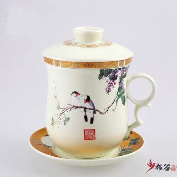CBAE02-A-07手工无光釉金边四件套带茶漏茶杯 釉下彩鸟趣图茶杯 品茗杯 老板杯 尺寸: 高130cm 碟径 110cm 容量 300ml