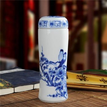 CBAJ02-L手工全瓷青花鸟语花香图茶杯 养生保温杯 旅行杯 尺寸：高 19.8cm 口径 5.6cm 容量 300ml