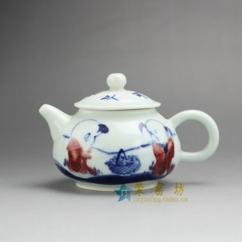 14G119 7489手工青花斗彩童趣图茶壶 手柄泡茶壶 尺寸： 口径 5.2厘米 肚径 9.2厘米 高 8.2厘米 容量 220毫升