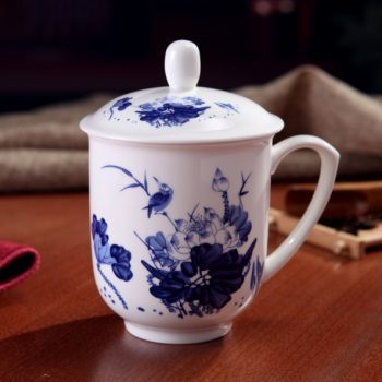 CBDI33-D-09手工高档骨瓷景式杯 青花荷莲翠鸟图茶杯 品茗杯 老板杯尺寸：高15/11cm 口径 11cm 容量 550ml
