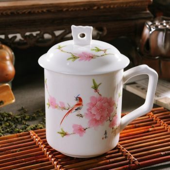 RYDI55 粉彩水点桃花茶杯 品茗杯 手柄带盖老板杯尺寸 高15cm口径9cm容量550ml