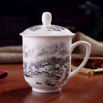 CBDI33-A-13手工高档骨瓷景式杯 粉彩山村雪景图茶杯 品茗杯 老板杯 尺寸：高15/11cm 口径 11cm 容量 550ml