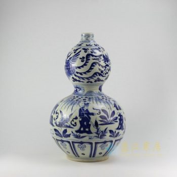 RZEZ07 9446仿古 青花凤凰人物图葫芦花瓶 花插 尺寸：口径 5.3厘米 肚径 31.8厘米 高 52.2厘米
