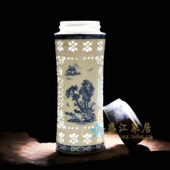CBAJ01-D 020手工镂空全瓷青花山水风景屏画茶杯 养生保温杯 旅行杯 尺寸：高 19.5cm 口径 5.5cm 容量 450ml