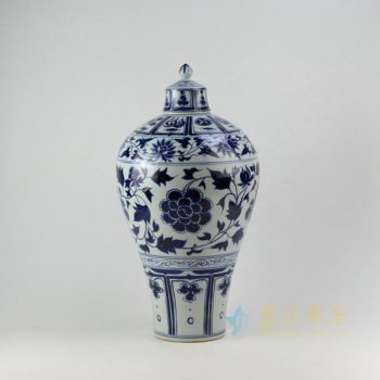 RZEZ13 9481手工青花缠枝花卉图梅瓶罐 盖罐 储物罐 尺寸：口径 5厘米 肚径 24.6厘米 高 48.8厘米