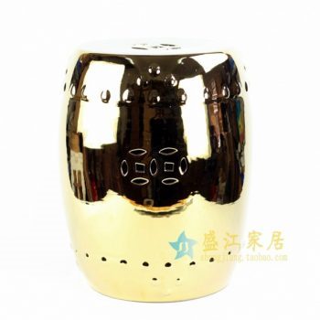 RYLL27-A 8517手工颜色釉镀金镂空双钱图瓷凳 凉墩 鼓凳